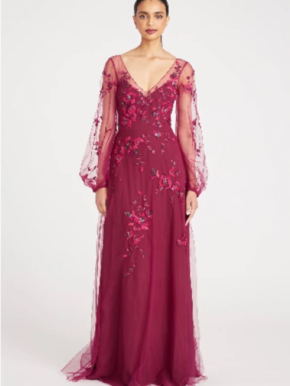 Theia Adora Wine Floral Embroidered Long Sleeve Evening Gown